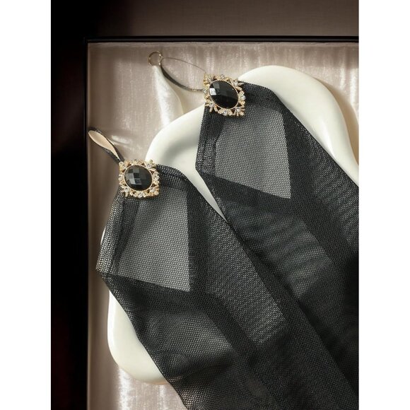 Women's Black Gemstone Fingerless White Tulle Mesh Long Tulle Long Party Costume - Picture 2 of 4